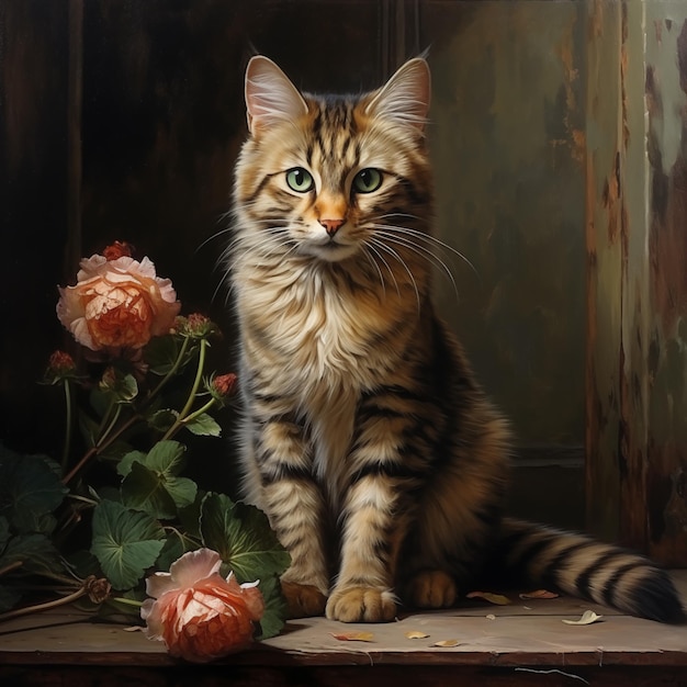Desenho de aquarela ilustrado Gato doméstico bonito com flores