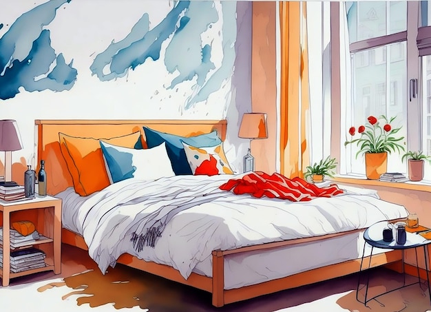 Desenho de aquarela no quarto sobre um fundo branco