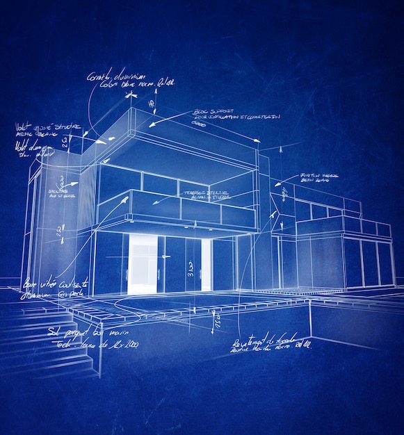 Foto desenho de arquitetura técnica com traços brancos calcários em um fundo azul