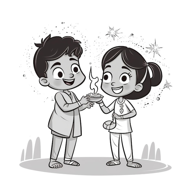 Foto desenho de arte de linha para o conceito feliz de diwali crianças dos desenhos animados jogando biscoitos ai generated