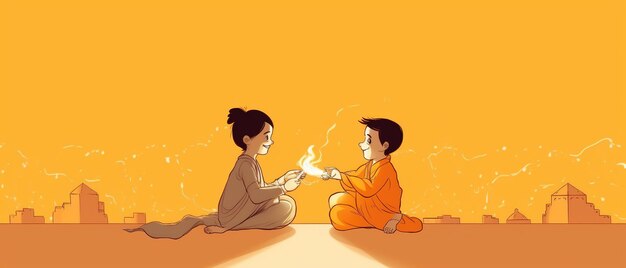 Desenho de arte de linha para o conceito feliz de diwali Crianças dos desenhos animados jogando biscoitos Ai Generated