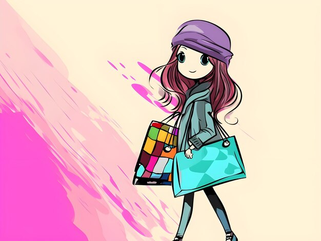 Desenho de arte digital colorido de uma senhora carregando sacos de compras em ilustração de arte de linha doodle