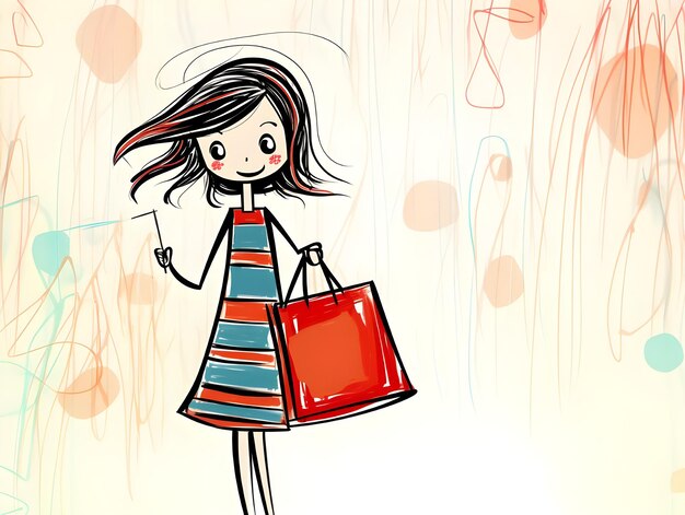 Foto desenho de arte digital colorido de uma senhora carregando sacos de compras em ilustração de arte de linha doodle