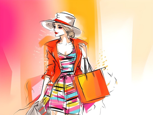 Foto desenho de arte digital colorido de uma senhora carregando sacos de compras em ilustração de arte de linha doodle