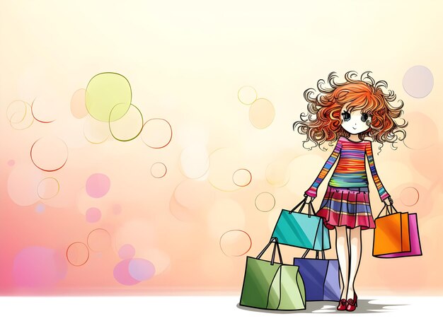 Foto desenho de arte digital colorido de uma senhora carregando sacos de compras em ilustração de arte de linha doodle