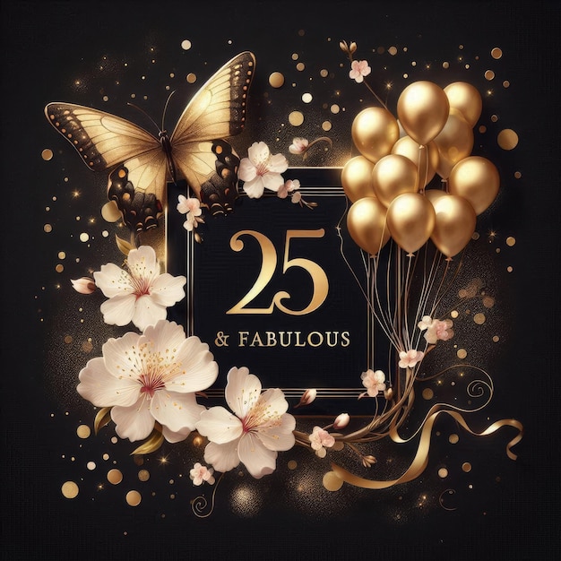 Desenho de balões e flores dourados de luxo para o 25o aniversário