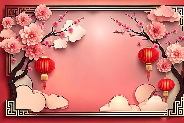 desenho de bandeira de fundo do ano novo chinês com lanterna de papel chinesa peônia em flor