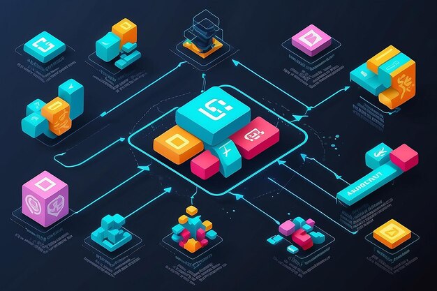 Foto desenho de banner de deslizamento de conceito de blockchain com ilustração de cadeia de blocos isométricos e ilustração de vetor de texto