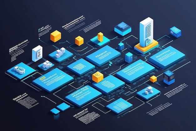 Desenho de banner de deslizamento de conceito de blockchain com ilustração de cadeia de blocos isométricos e ilustração vetorial de texto