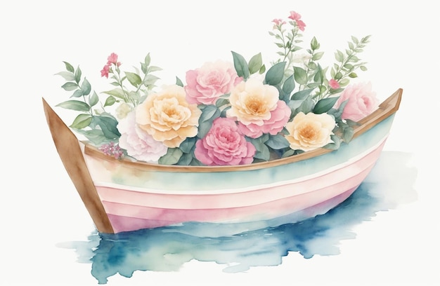 Desenho de barco floral em aquarela