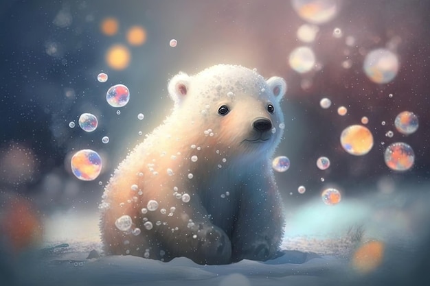 Desenho de bebê fofo urso polar onírico no inverno de neve Generative AI Animal e conceito de paisagem