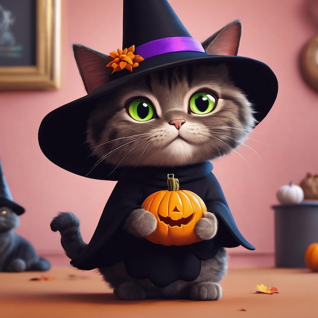 Foto desenho de bruxa de gato fofo dia de halloween