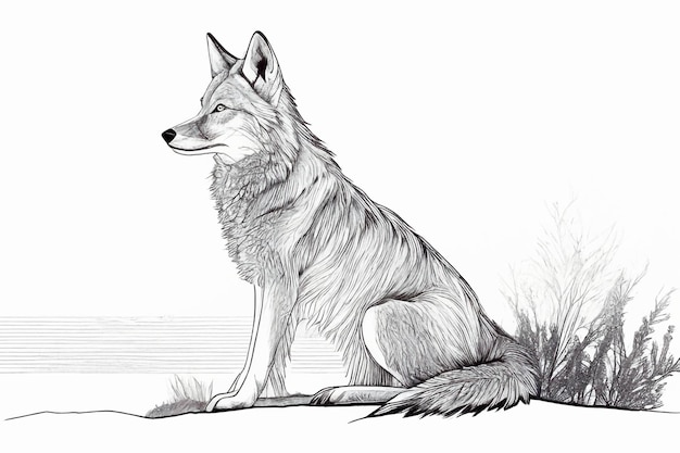 Desenho de cachorro lobo sentado na pedra na grama generativa ai