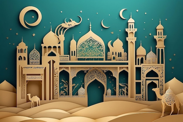 Foto desenho de caligrafia árabe para o ramadã decorado por camadas de papel cortando quadros com cidade no deserto