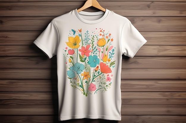 Desenho de camiseta com flores coloridas em fundo de madeira