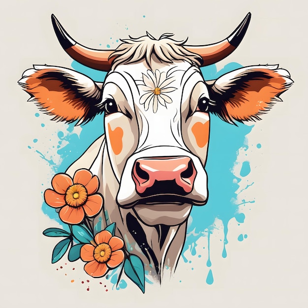 Desenho de camiseta de vacas e flores