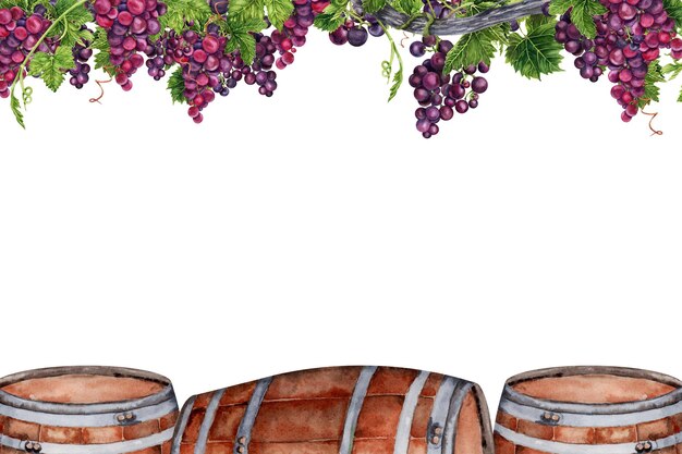 Foto desenho de cartão postal com espaço para texto barris de vinho ou uísque com ilustração em aquarela de videira