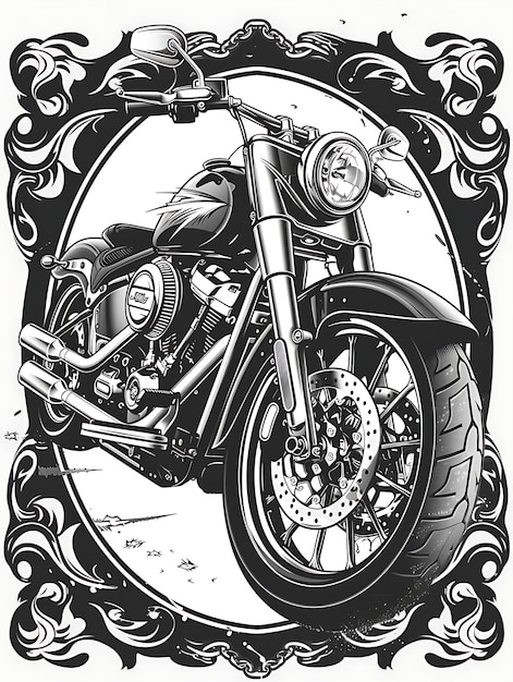 Desenho de cartão postal de motocicleta com moldura arredondada Estilo de design Deco Contorno Scribble CNC Tatuagem Tinta Arte