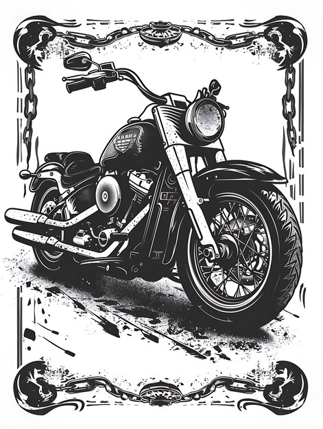 Desenho de cartão postal de motocicleta com moldura arredondada Estilo de design Deco Contorno Scribble CNC Tatuagem Tinta Arte