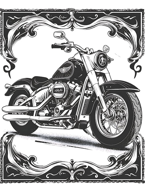 Desenho de cartão postal de motocicleta com moldura arredondada Estilo de design Deco Contorno Scribble CNC Tatuagem Tinta Arte