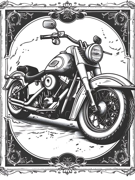 Desenho de cartão postal de motocicleta com moldura arredondada Estilo de design Deco Contorno Scribble CNC Tatuagem Tinta Arte