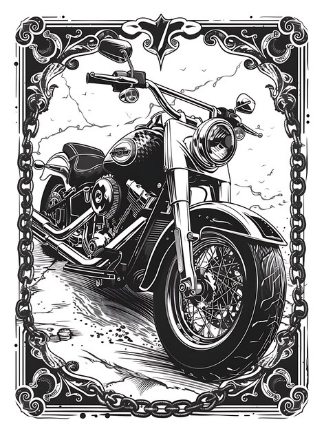 Desenho de cartão postal de motocicleta com moldura arredondada Estilo de design Deco Contorno Scribble CNC Tatuagem Tinta Arte