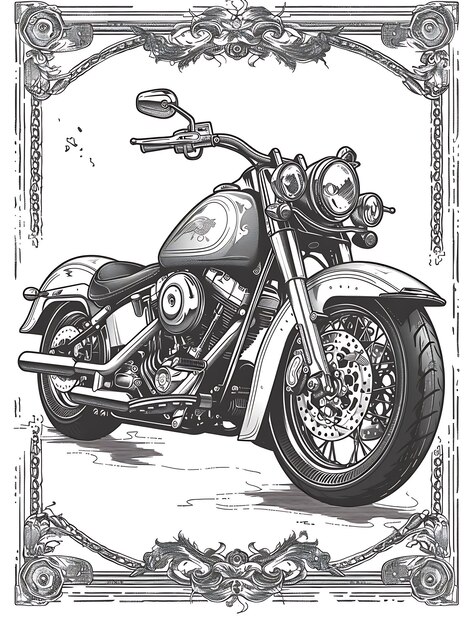 Desenho de cartão postal de motocicleta com moldura arredondada Estilo de design Deco Contorno Scribble CNC Tatuagem Tinta Arte