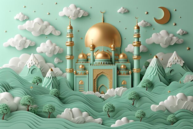 Desenho de cartaz de felicitações do Ramadan Kareem com lua e minarete da mesquita