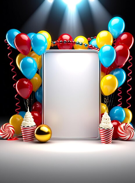 Foto desenho de cartaz de festa de aniversário banner copyspace fundo de festa balões bolo de champanhe