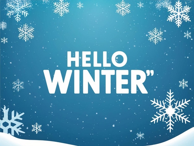 Desenho de cartaz de Hello winter em fundo de cena de inverno e a palavra hello winter