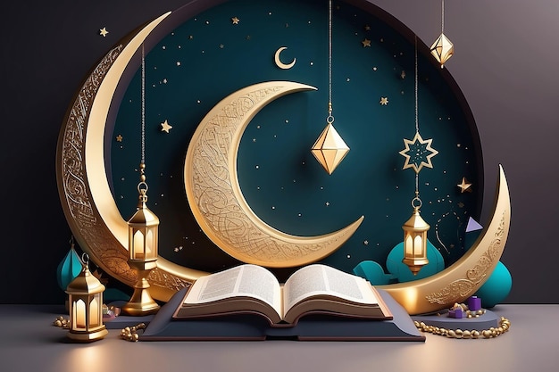 Desenho de cena conceitual da noite de ramadan 3d decoração de lua crescente exibida no pódio com rosário de livro do alcorão e formas de poliedro