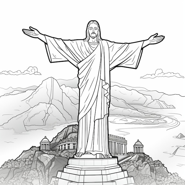 desenho de contorno de Cristo Redentor no Rio de Janeiro Brasil para colorir