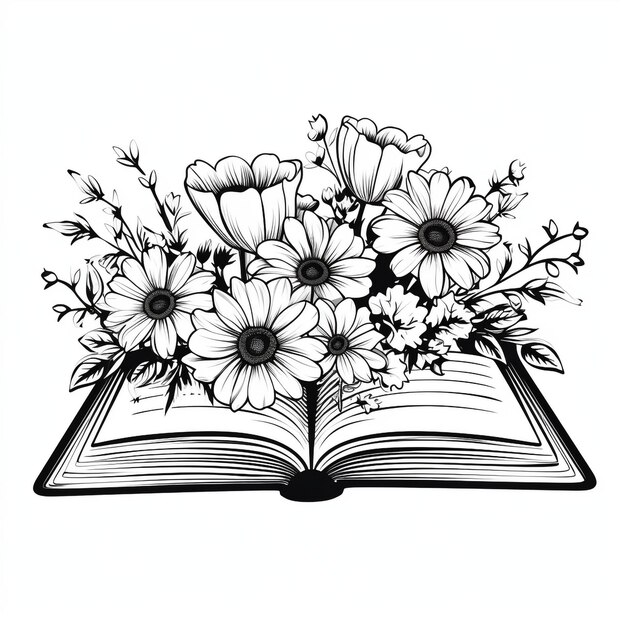 desenho de contorno livro aberto de flores linhas pretas fundo branco desenho limpo e simples colo