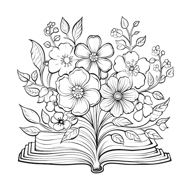 Desenho de contorno livro aberto de flores linhas pretas fundo branco desenho limpo e simples colo