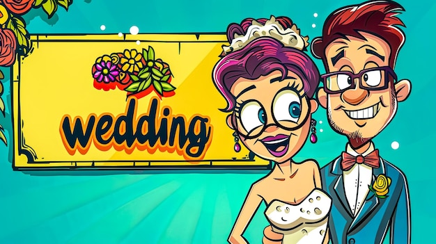 Desenho de convite de casamento para um casal de desenhos animados alegre