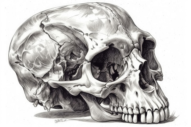 Desenho de crânio humano em preto e branco criado com tecnologia Generative AI