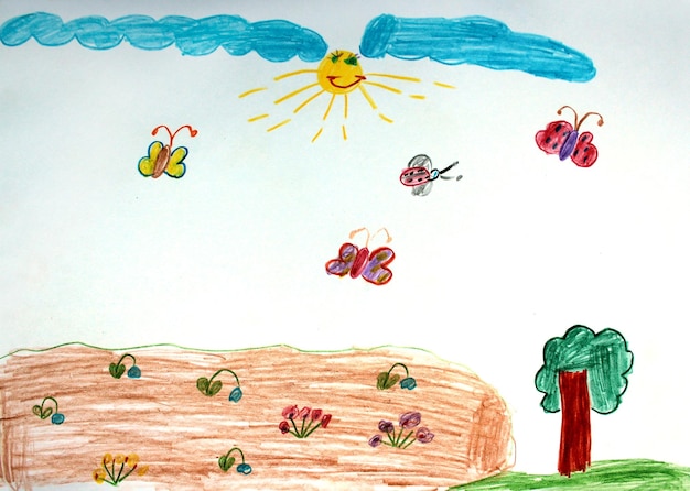 Desenho de crianças multicoloridas com muitas flores na cama
