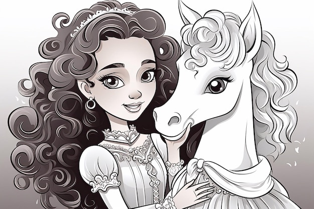 desenho de desenho animado Princesa bonita abraça um cavalo página de coloração