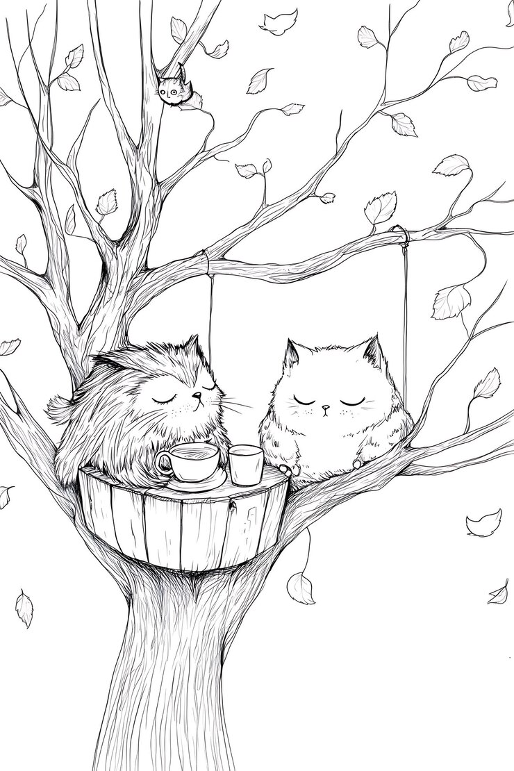 Foto desenho de dois gatos sentados em uma árvore com uma casa de pássaros