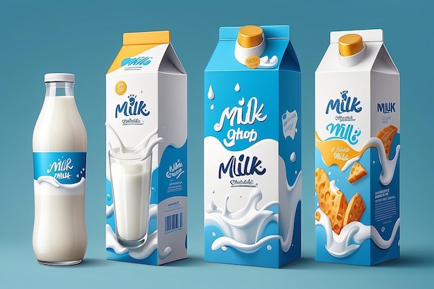 Desenho de embalagem de leite desenho de etiqueta de leite conjunto de caixas de leite e caixa vetorial de garrafa ilustração 3D realista