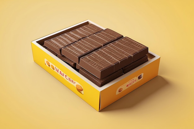 Desenho de embalagem de wafer de chocolate desenho de pacote de biscoito delicioso isolado em fundo amarelo em ilustração 3d