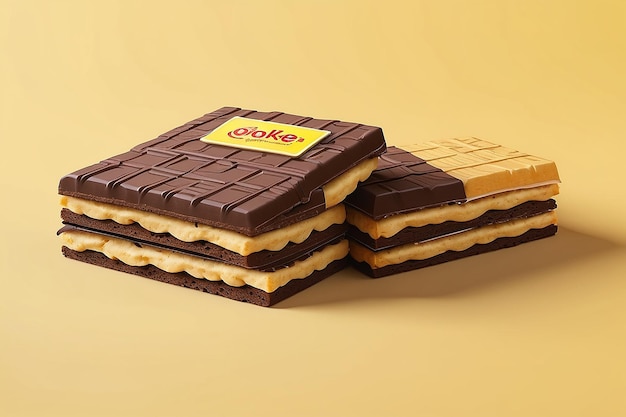 Desenho de embalagem de wafer de chocolate desenho de pacote de biscoito delicioso isolado em fundo amarelo em ilustração 3D