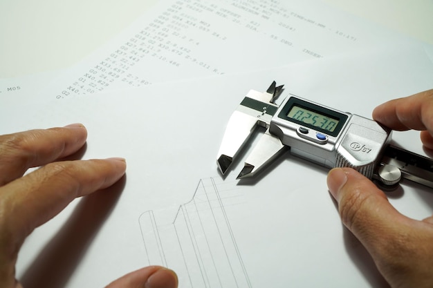 Foto desenho de engenharia e paquímetros digitais focam na escala digital do paquímetro