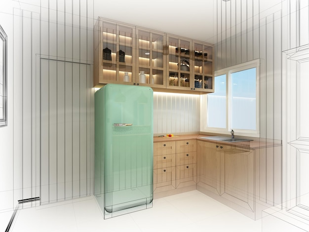 Desenho de esboço abstrato de renderização em 3d de cozinha interior