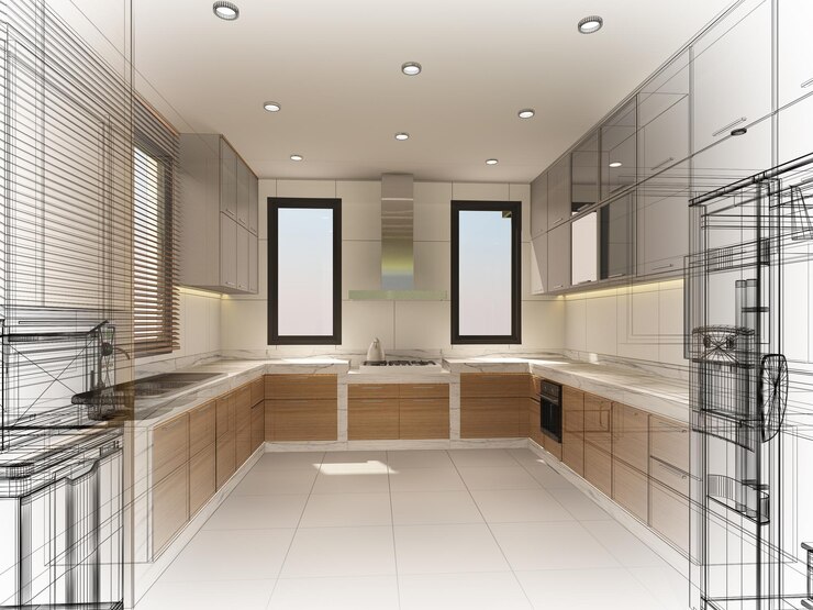 Foto desenho de esboço abstrato de renderização em 3d de cozinha interior