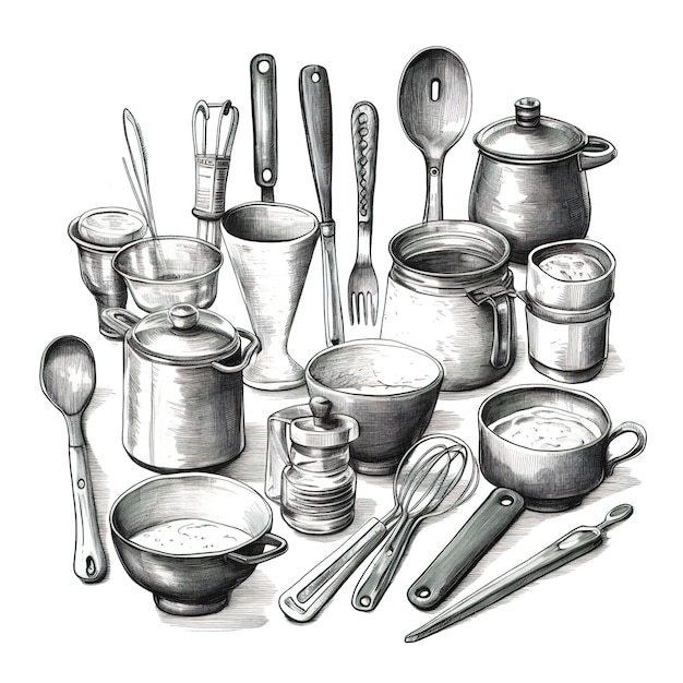 Desenho de esboço de utensílios de cozinha retrô