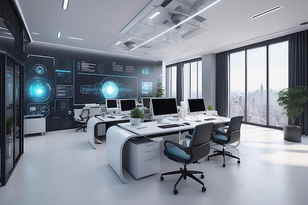 Desenho de escritório futurista com equipamento informático moderno gerado por IA