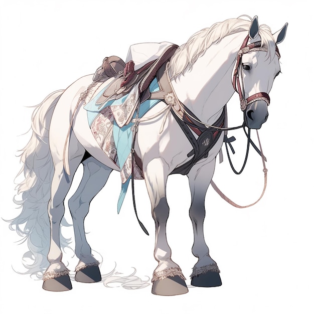 desenho de estilo anime de um cavalo branco com uma sela generativa ai