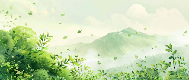 Desenho de estilo ilustração japonês folhas de chá voando concepção artística de paisagem verde claro como terra de fadas