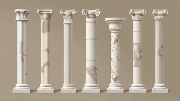Desenho de fachada decorativa de uma antiga coluna romana feita de barro branco 3D ilustração realista conjunto de pilares de pedra gregos